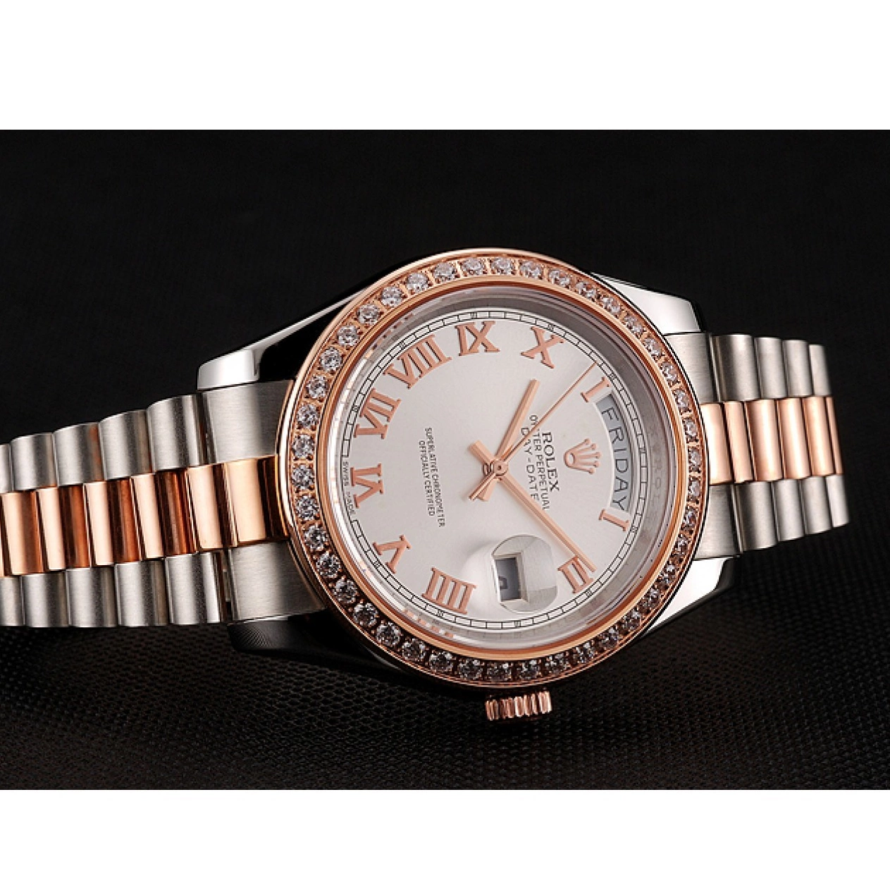 Good copy rolex watches 1454108 Steel Gold Rose Bezel Bracelet Swiss Diamonds Day-Date Staineless Rolex And Dial White 0524